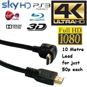 10 x 10m HDMI Right Angled Gold Plated Cable Ethernet Lead HDTV PS3/4 SKY 3D 4K