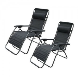 2 x Black Textoline Reclining Chair Zero Gravity Garden Lounger Deluxe Chairs