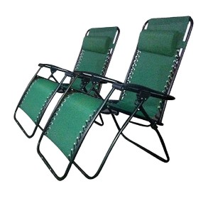 2 x Green Textoline Reclining Chair Zero Gravity Garden Lounger Deluxe Chairs